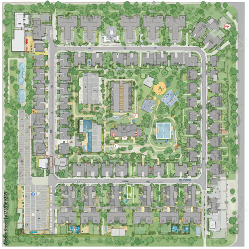Top-down illustration of a planned community featuring residential homes, green spaces, recreational areas, and a sense of urban planning.