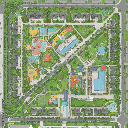 An aerial illustration showcases a meticulously planned community, featuring residential areas, parks, recreational spaces, and essential infrastructure designed for modern living.