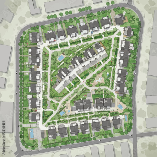 An aerial view showcases a meticulously planned residential community with houses, green spaces, and integrated infrastructure, offering a modern urban layout.
