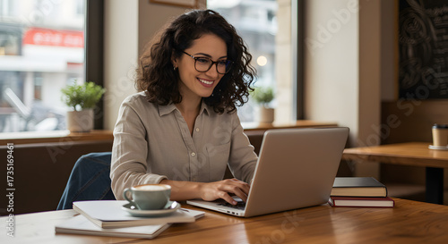 Woman Works On Laptop At Cafe Table Smiling