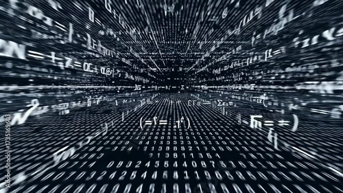 Abstract image of numbers and equations in a digital space.