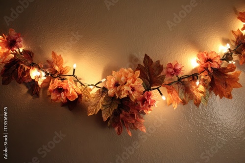 Warm autumnal lights strung with flowers and leaves.