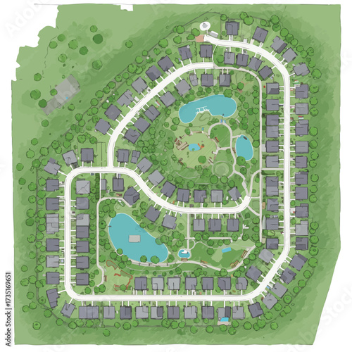 An aerial view illustrates a meticulously planned residential community, showcasing homes, green spaces, and recreational areas in a cohesive design.