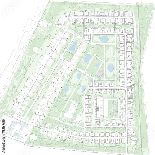 An aerial architectural sketch presents a detailed urban development plan, showcasing residential areas, green spaces, and infrastructure layout with precision.