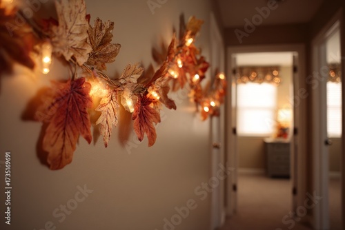 Warm autumnal hallway adorned with leaf-shaped string lights.