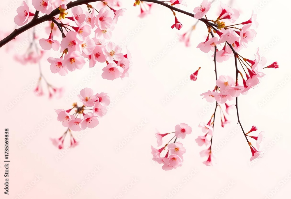 Fototapeta premium Soft pink cherry blossoms falling on pastel background, japanese, manga
