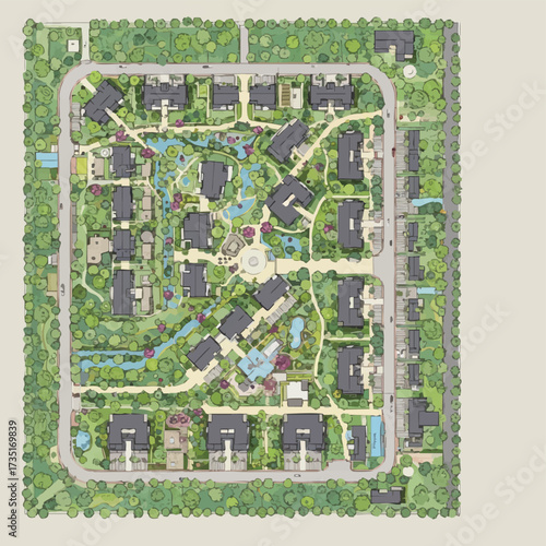 An aerial view showcases a planned community with buildings, green spaces, water features, and a well-designed layout, promoting a harmonious environment.