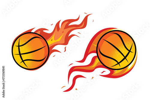 Vector illustration of two flaming basketballs with halftone shading, representing speed, power, and energy in sport.