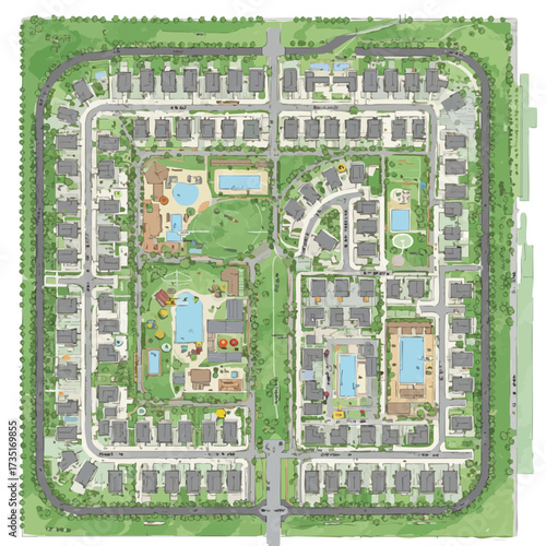 An aerial illustration showcasing a planned residential community with houses, parks, swimming pools, and green spaces, emphasizing urban planning.