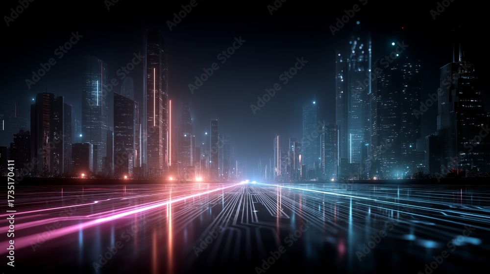 Obraz premium Futuristic cyber cityscape with glowing neon lights and digital tech grid road leading into towering skyscrapers at night
