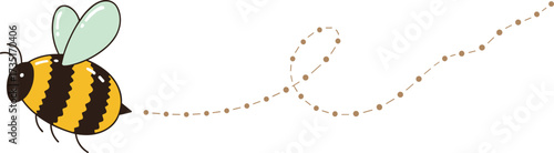 Cartoon bee flying with dashed trail, yellow and black stripes, green wings, cute insect vector illustration for kids and nature themes