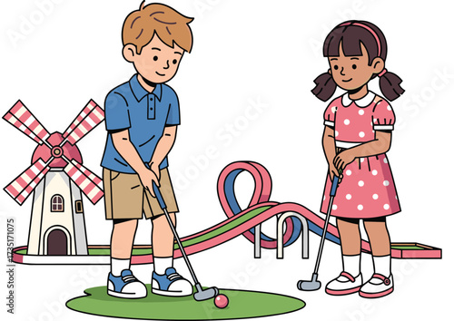 Cute children playing exciting mini golf game at fun outdoor course with colorful windmill obstacle loop track family entertainment vector illustration