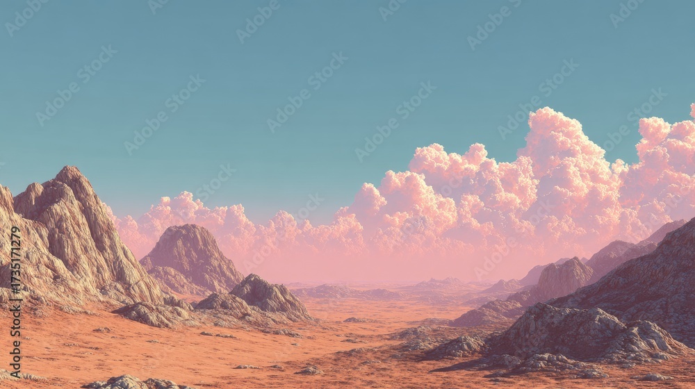 Naklejka premium Desert landscape, pastel hues, vast valley, fluffy clouds