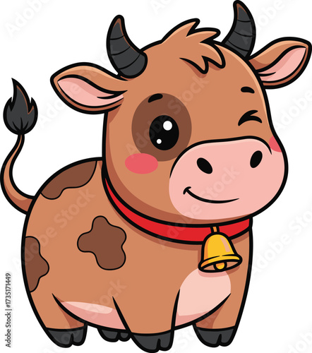 Cartoon cow with brown patches, winking eye, red collar and bell, cute expression, isolated vector illustration for kids content