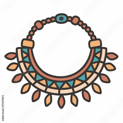 A vibrant and ornate sticker-style illustration of a tribal bib necklace, a beautiful and colorful piece of ethnic jewelry symbolizing culture, heritage, and bohemian style.
