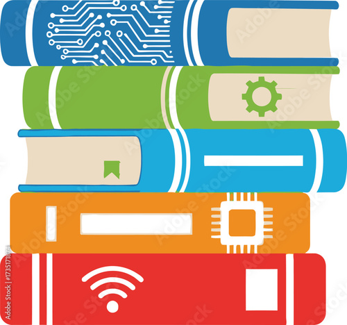 A stack of five colorful books with technology related icons on the spines isolated on white background