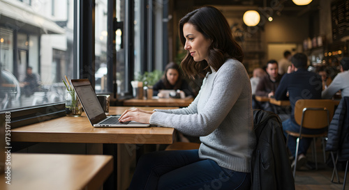 Woman works with laptop at cafe window table