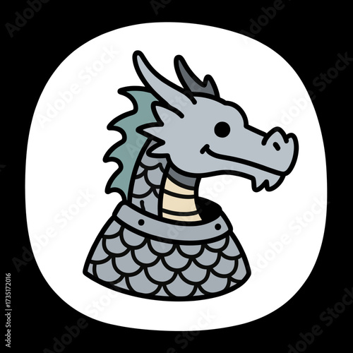 A simple and friendly hand-drawn illustration of a dragon's head in armor, a charming and approachable character for fantasy, medieval, and gaming themes.
