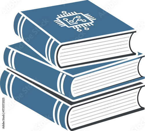 A stack of three blue books with white pages and a circuit board design on the top book cover design