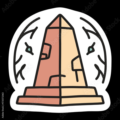 A simple and modern doodle-style illustration of a mystical pyramid or obelisk, a minimalist and colorful icon symbolizing ancient history, power, and mystery.
