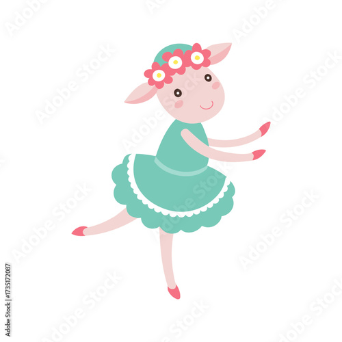 Cute cartoon sheep ballerina wearing a floral crown and a teal dress dancing gracefully on a black background perfect for children s illustrations and designs