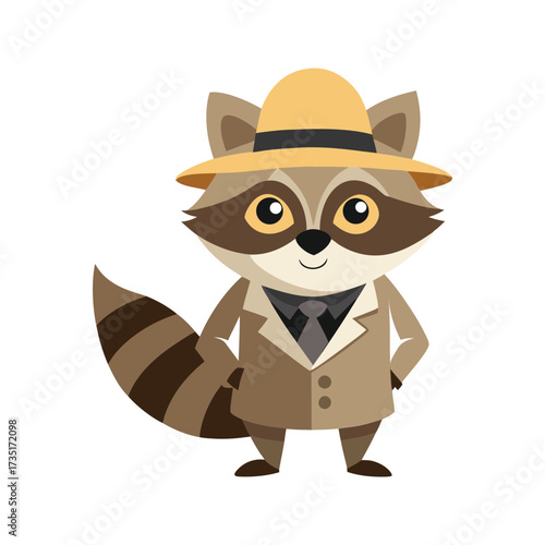 A charming cartoon raccoon wearing a tan fedora hat and a tan suit with a grey tie and a black shirt standing confidently with hands on hips against a black background