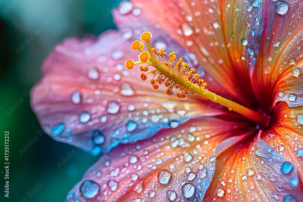 Fototapeta premium Vibrant hibiscus flower glistening with morning dew showcasing nature s beauty in a close up shot with soft light and