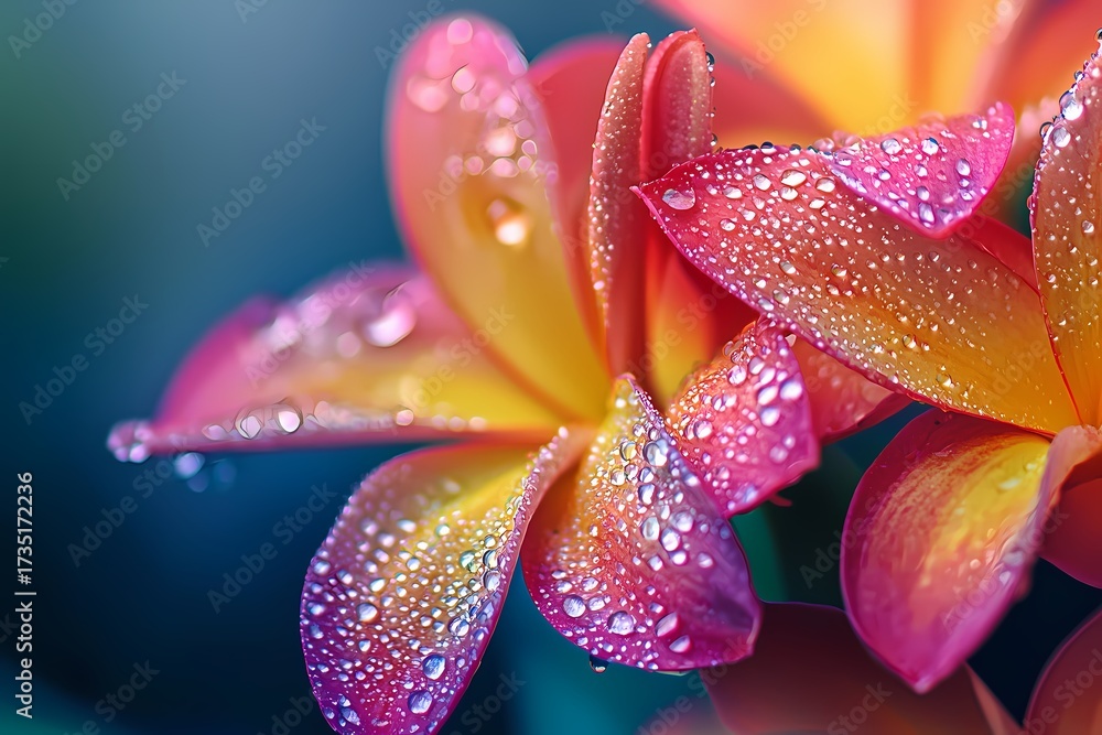 Fototapeta premium Dew kissed Plumeria blossoms vibrant pink and yellow petals nature s beauty in soft light