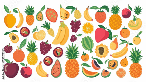 Assortment of colorful and diverse fruits scattered randomly suitable for food blogs, health magazines, and social media posts. Delicious and fresh fruits arrangement.
