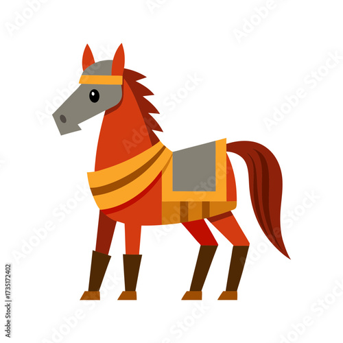 Stylized flat illustration of a red horse with a grey head and mane wearing a saddle and decorative harness against a black background