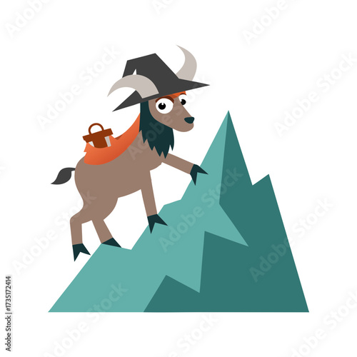 A determined goat wearing a wizard hat and carrying a backpack climbs a jagged mountain peak symbolizing adventure and achievement