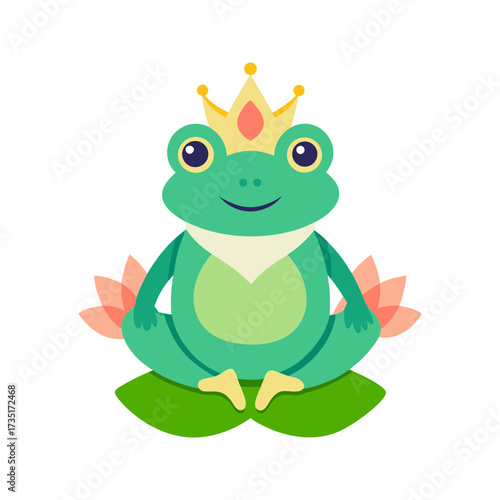 A charming cartoon frog wearing a golden crown and a white bandana sits serenely on a lily pad between two pink lotus flowers against a black background