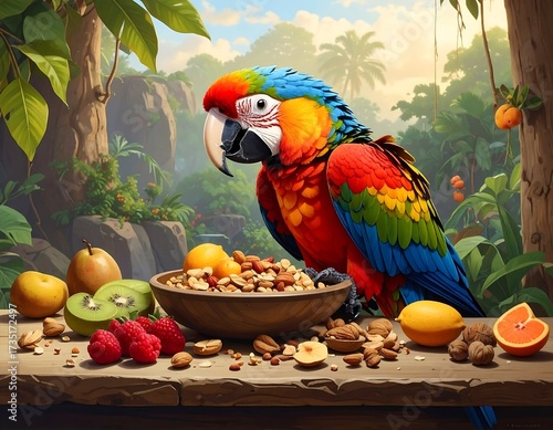 Vibrant macaw parrot perched near a wooden bowl of nuts and fresh fruit in jungle