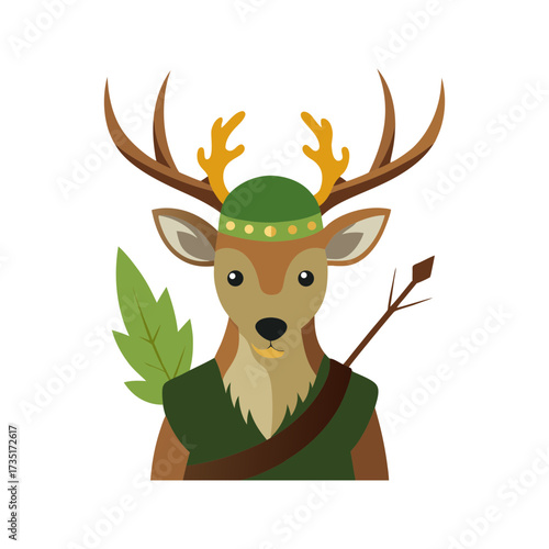 Charming cartoon deer character dressed as robin hood wearing a green tunic and hat with an arrow and quiver on its back and a leaf on its shoulder
