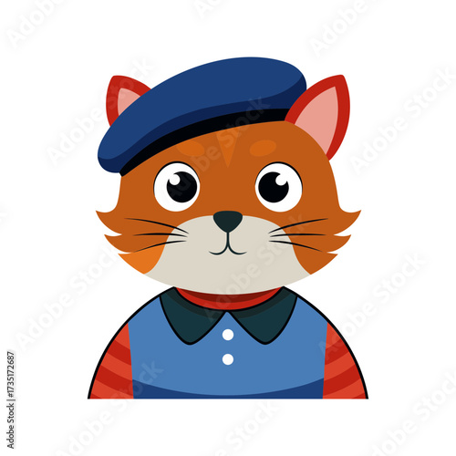 Cute cartoon orange cat wearing a blue beret and blue shirt with red striped sleeves isolated on a black background perfect for children s illustrations and designs