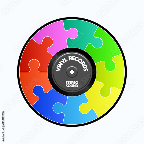 Long play vinyl record colorful puzzle with paper black in the middle.