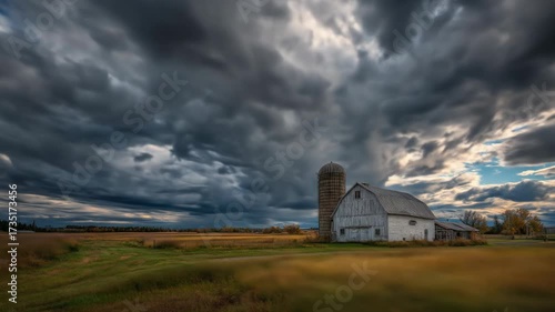 A rustic barn and silo stand under a dramatic, moody sky over golden fields. The rural scene evokes peace and solitude