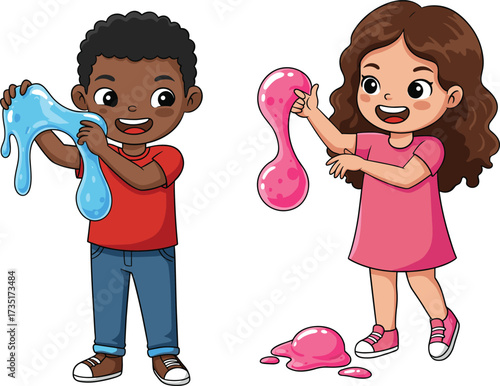Happy boy and girl playing blue and pink slime together having fun creative sensory activity colorful sticky toy cheerful kids vector illustration