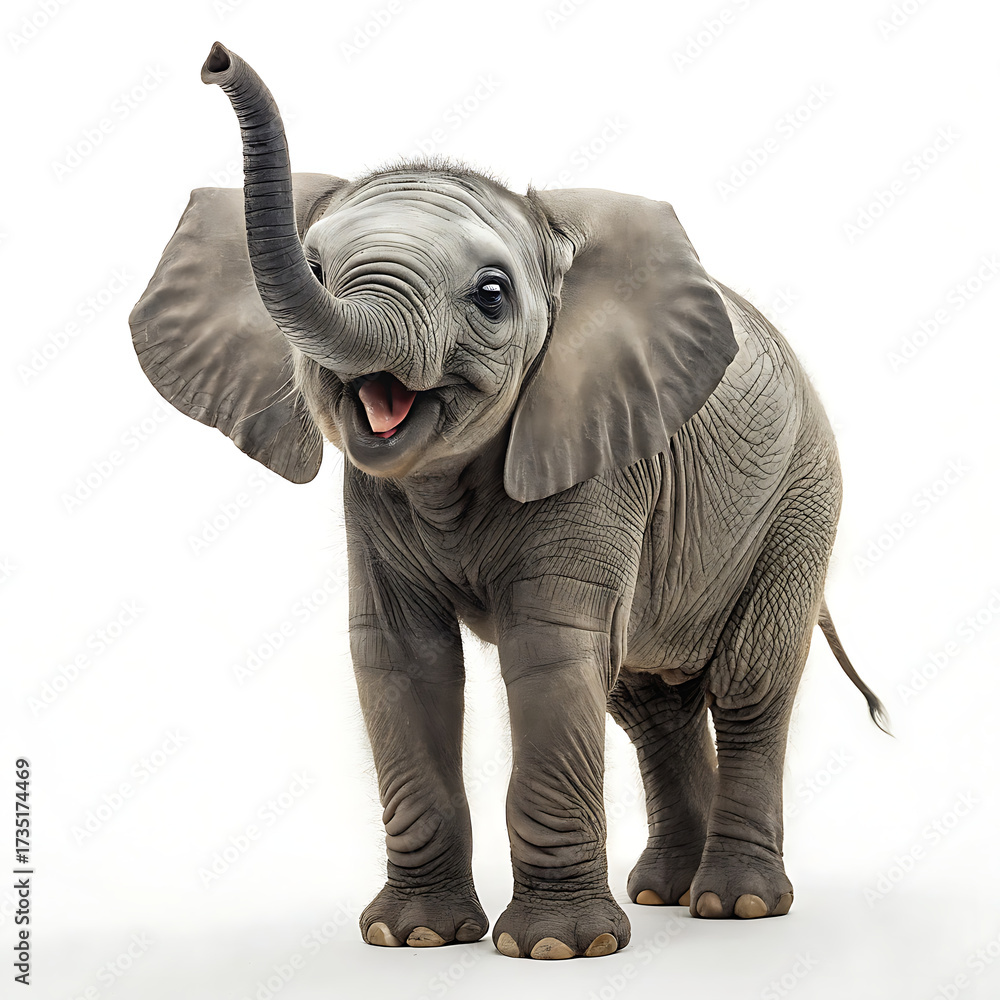 Fototapeta premium A baby elephant with trunk raised and mouth open standing on a white background in studio shot