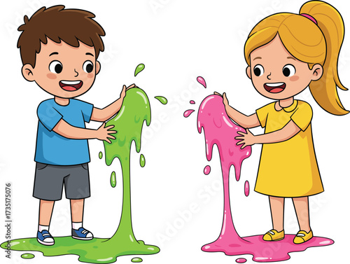 Happy boy and girl playing colorful green and pink slime together fun messy sensory activity kids entertainment vector cartoon illustration