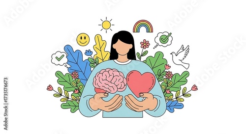 Illustration of a person holding a brain and heart, symbolizing mental and emotional well-being amidst nature and positive symbols, representing a holistic approach to health and happiness