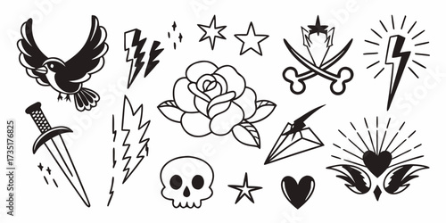 Collection of traditional tattoo flash art featuring a bird rose skull sword lightning heart and stars design on transparent background