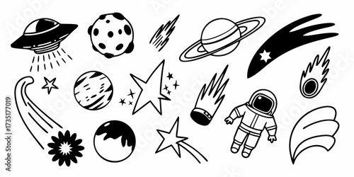 Illustration of various space elements including planets asteroids ufo astronaut and shooting stars in black and white on transparent background
