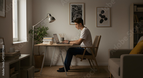 Teenager studying laptop at home workstation