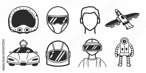 Illustration of futuristic technology including helmets, robot car, airplane and astronaut in black and white on transparent background