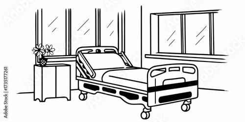 A hospital room illustration showing a bed with a side table and flowers near the windows in black and white on transparent background