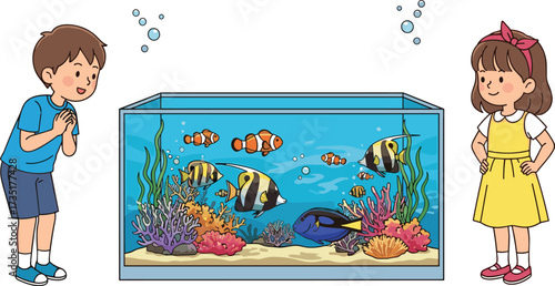 Happy boy and girl watching colorful tropical fish inside large aquarium tank with coral reef and sea plants cartoon vector illustration