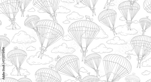 Seamless pattern of parachutists descending from the sky with open parachutes, surrounded by clouds.