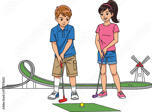 Happy children playing exciting mini golf game at outdoor course with colorful obstacles windmill loop track fun family activity illustration