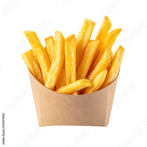 Golden, crispy french fries are displayed in a brown paper carton against a contrasting black background, showcasing a delicious and appetizing fast-food presentation.